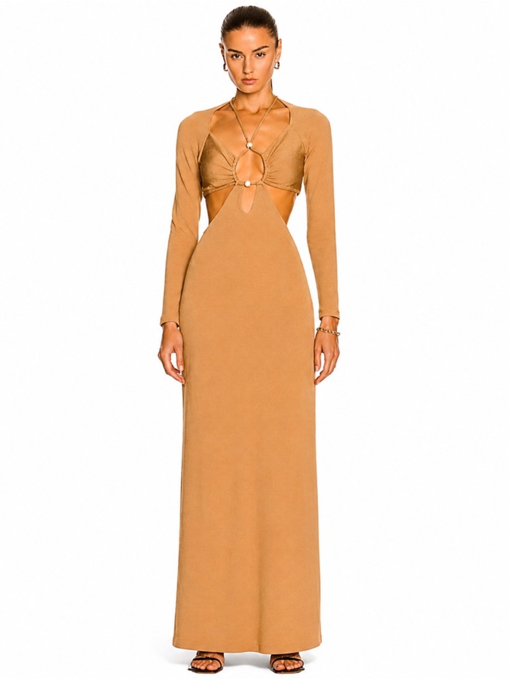 PatBO Sculpted Cutout Maxi Dress Camel Bodycon Evening Resort Luxe M